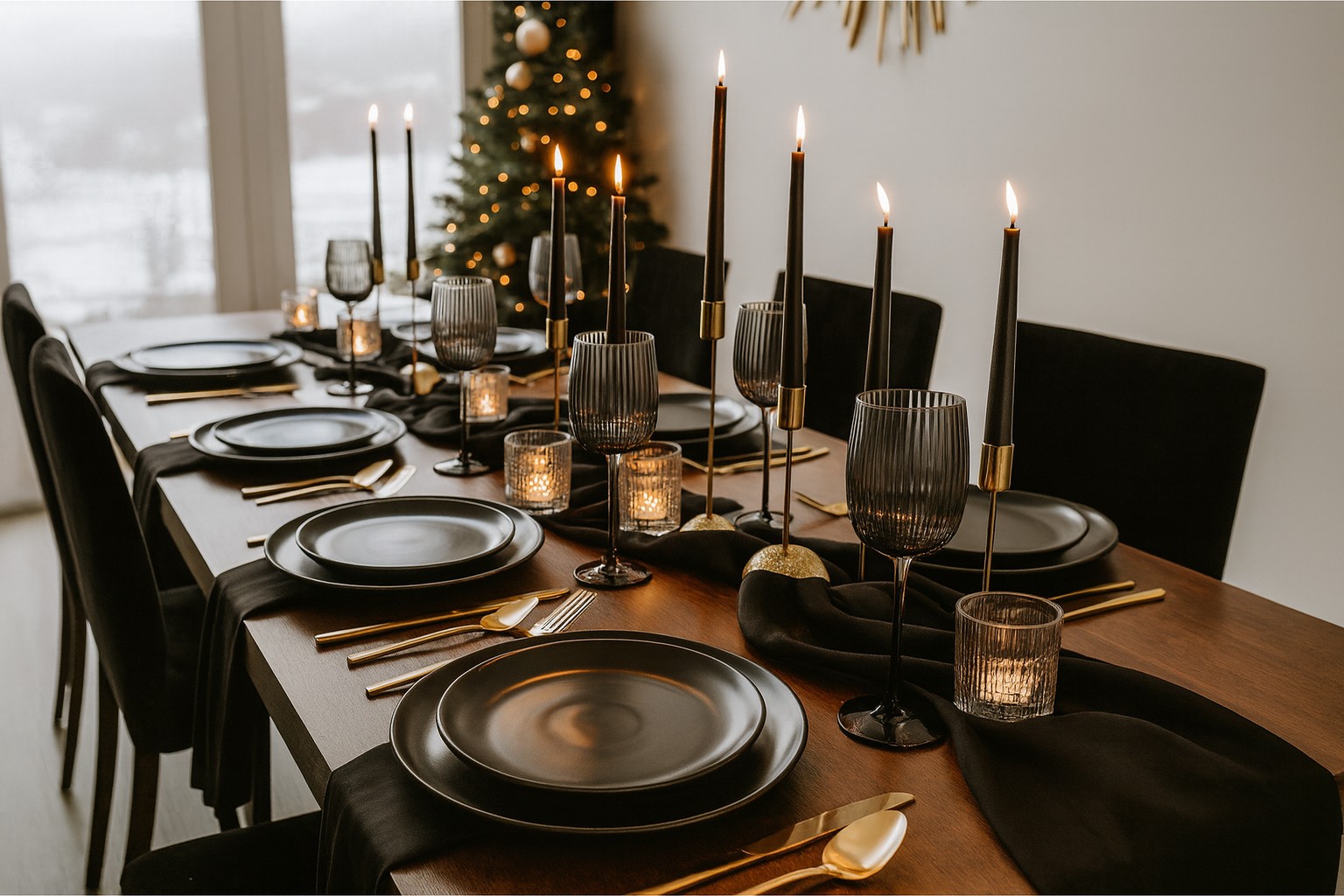 A beautiful arrangement of handmade pottery and crockery on a dark surface.